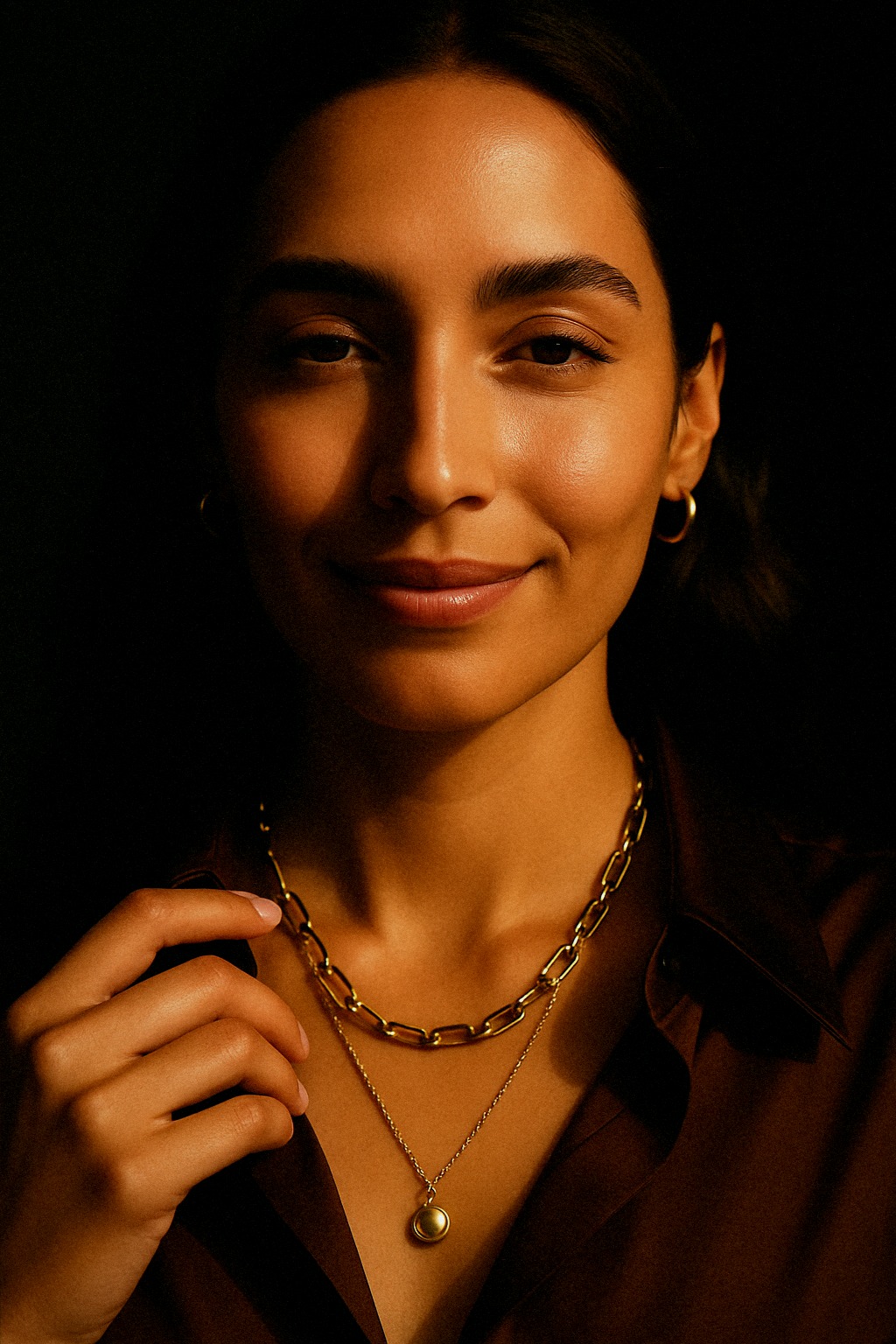 Meera in chocolate silk, layered gold
